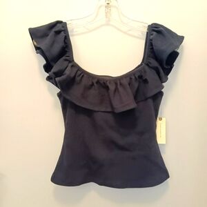 NWT Maeve By Anthropologie Ruffled Women's Top Navy Off The Shoulder Cropped Top